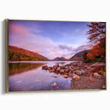 Framed canvas featuring a vintage-style landscape of Acadia with muted gold and black tones, ideal for bedroom wall art.