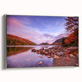 Framed canvas landscape art painting of Acadia, Maine, featuring colorful foliage against a black backdrop.