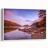 Vintage poster art of Acadia, Maine, in vibrant colors on a large framed canvas, ideal for living room decor.