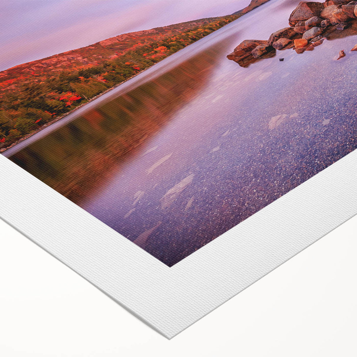 Art deco poster of Acadia National Park in muted green and blue tones on rolled canvas, suitable for dining room decor.