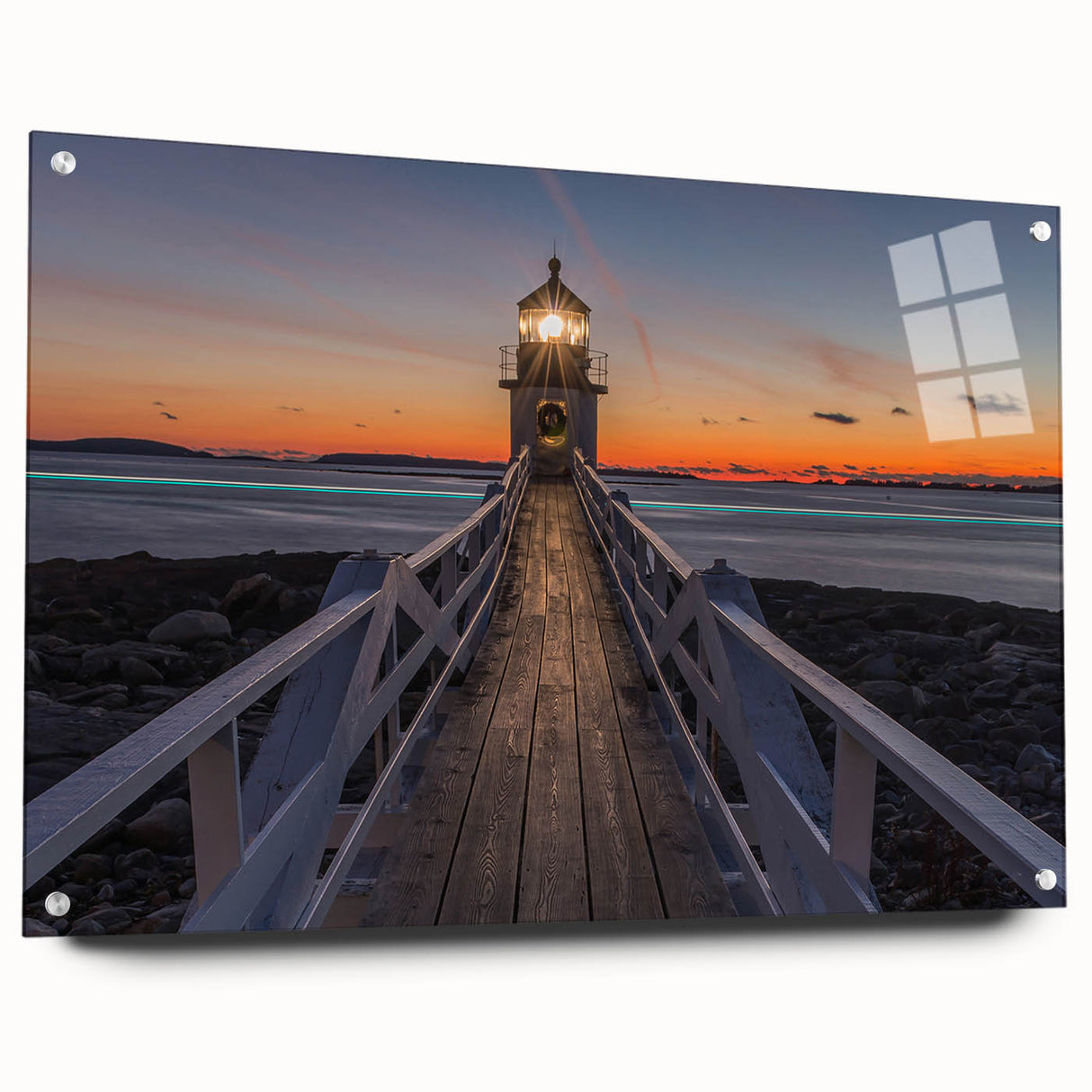Acrylic print of a serene Maine landscape in soft blue and green tones, suitable for bedroom or dining room decor.