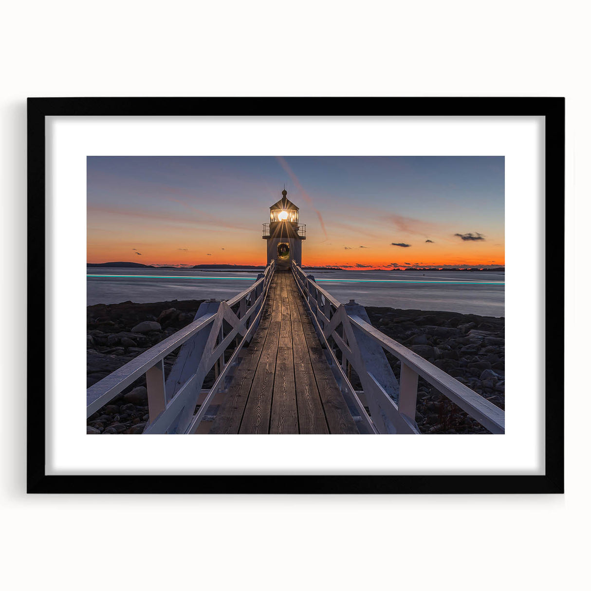 Extra large abstract art print of a colorful Maine scenery in muted blues and greens, framed in black.