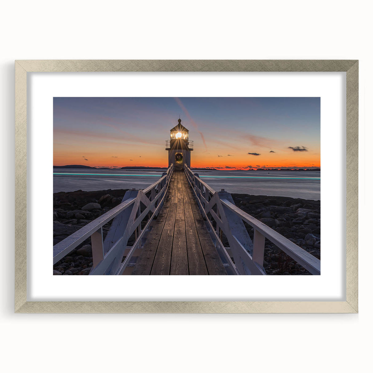 Textured art depicting an abstract coastal Maine scene in muted blue and gray tones, framed in silver, ideal for bedroom art.