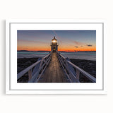 Abstract art print of a Maine landscape in muted blue and green tones on a white framed canvas.