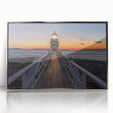 Mid-century modernist art depicting a serene Maine landscape in muted earth tones, framed in silver acrylic.