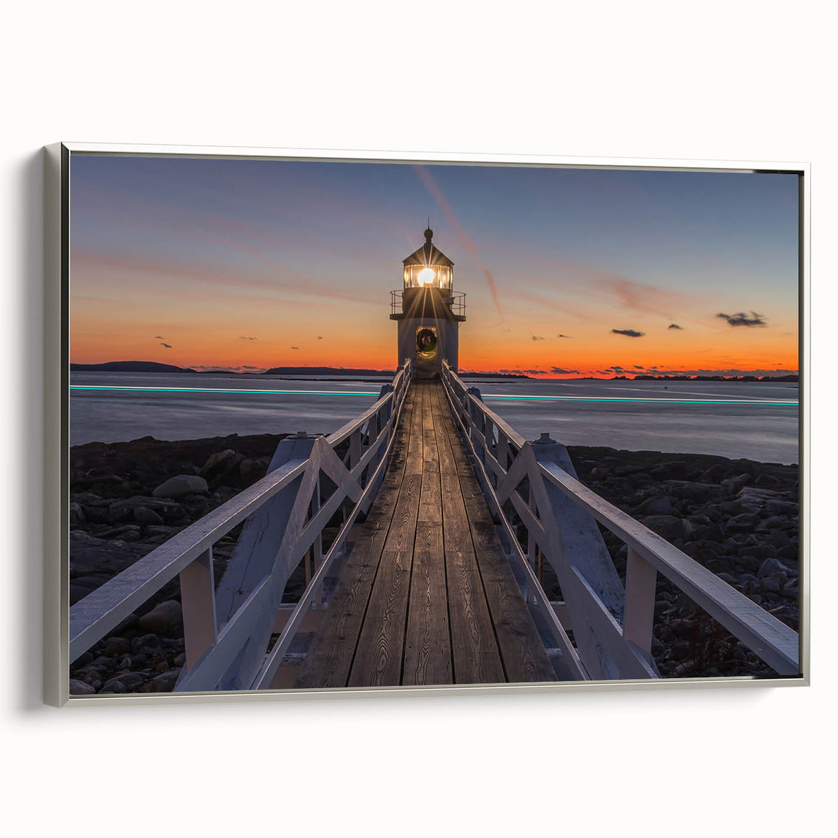 Framed canvas featuring a vintage-style landscape painting of Maine with colorful foliage and black accents.