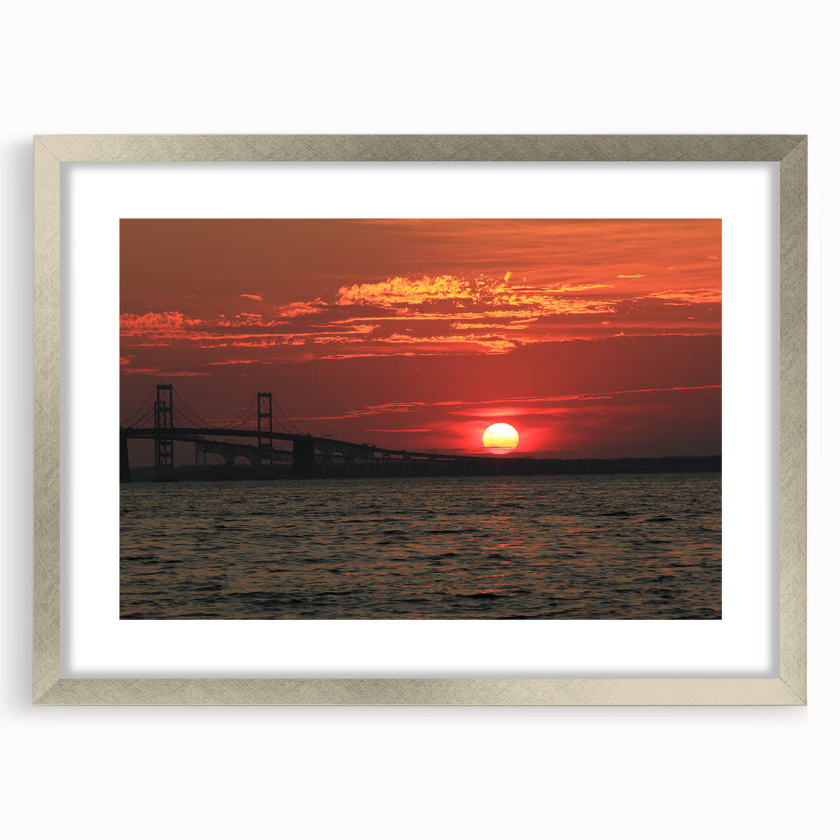 Textured abstract art print of Annapolis scenery in muted blue and gray tones, framed in silver, ideal for bedroom art.