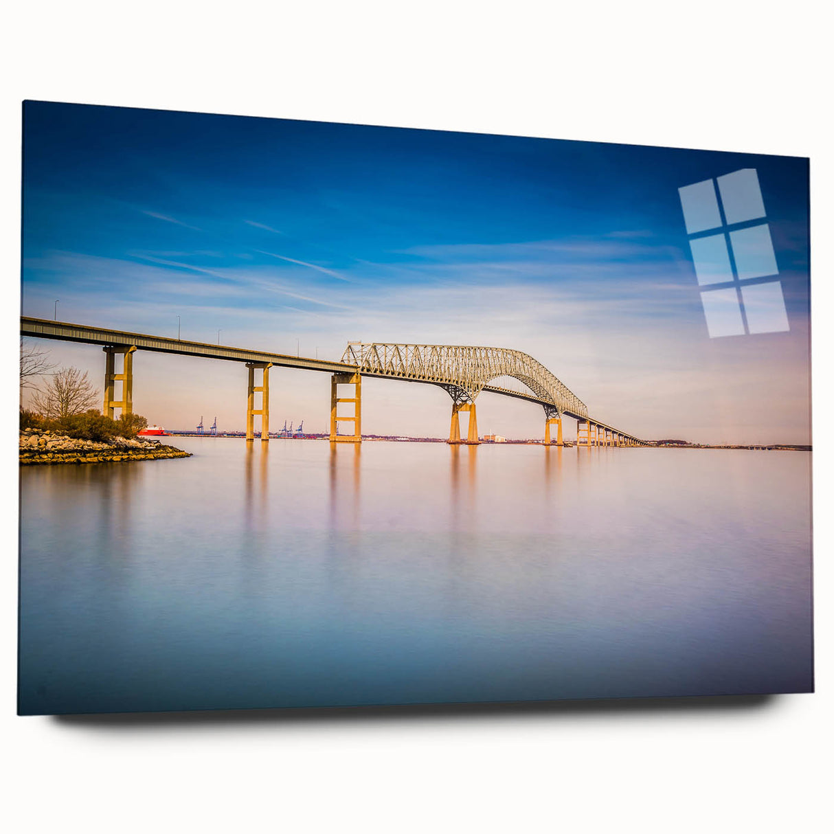 Acrylic print of a large abstract depiction of Baltimore's skyline in muted gray and blue tones.