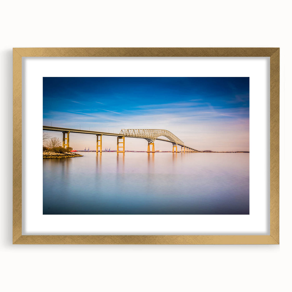 Extra large abstract art print of Baltimore skyline in textured gold frame, ideal for living room wall decor.