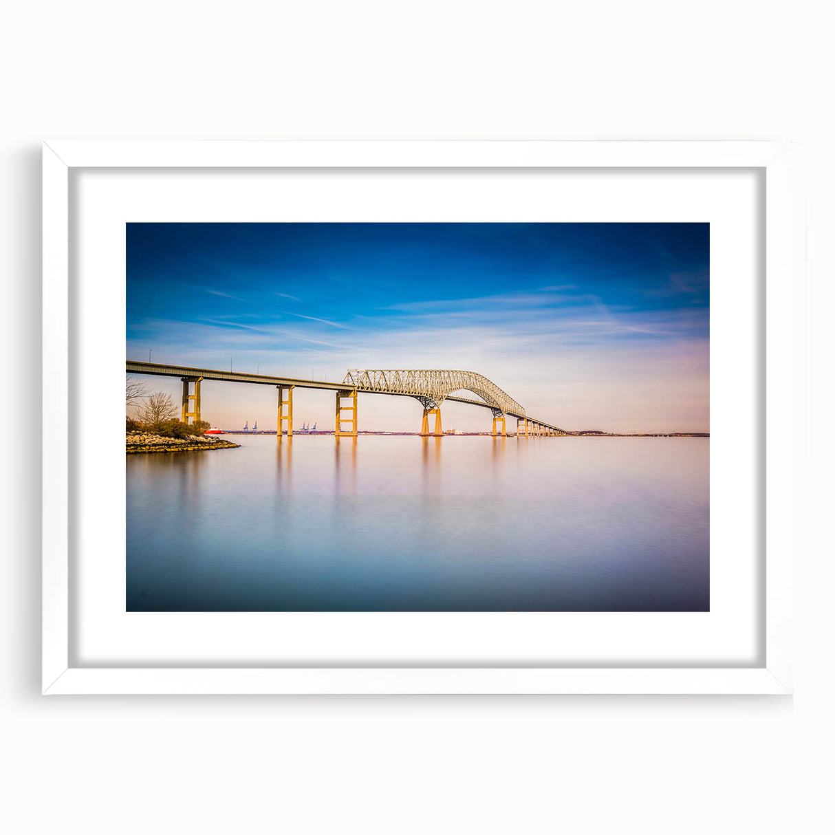 Abstract art print of Baltimore skyline in muted gray and blue tones on a framed white mat, suitable for dining room decor.