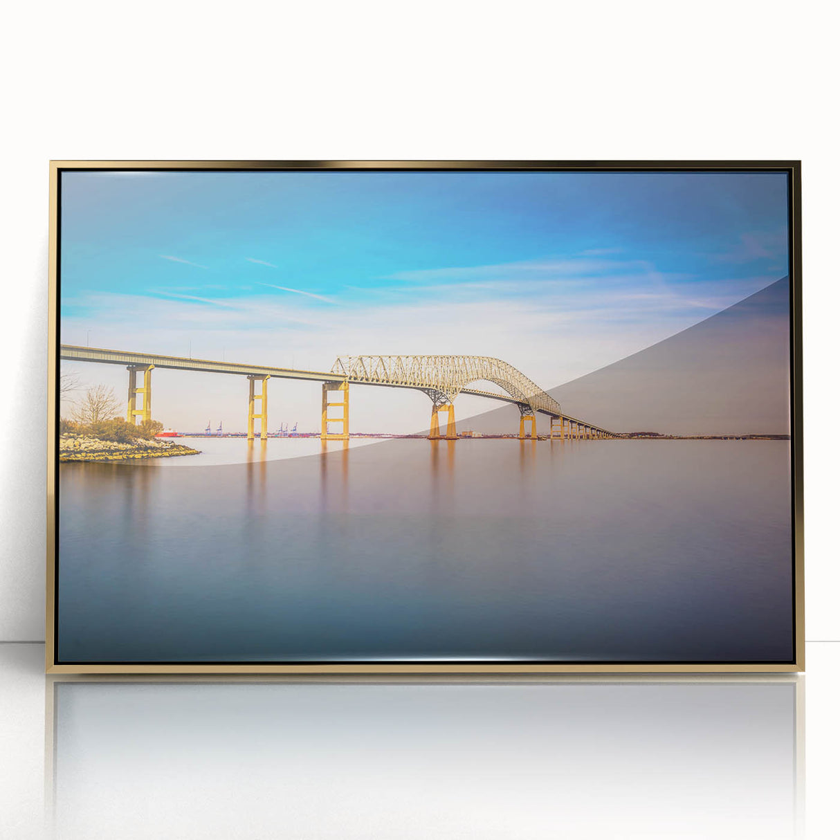 Mid-century modernist art of Baltimore skyline in gold and black tones on a framed acrylic.