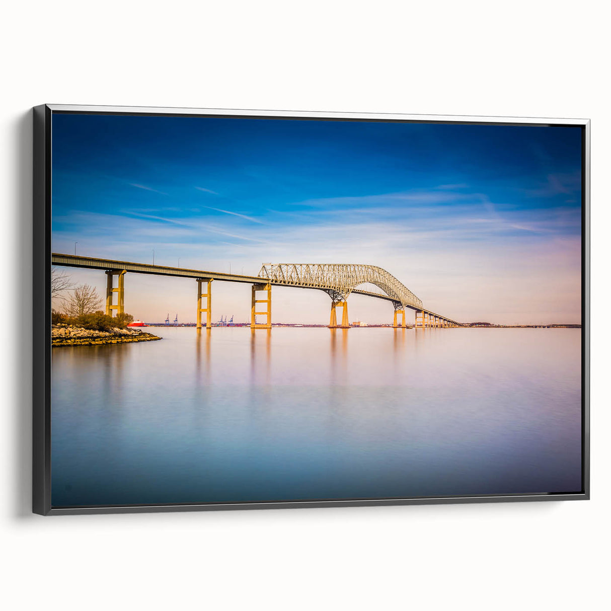 Black and white framed canvas of Baltimore landscape in vintage poster style, ideal for bedroom decor.