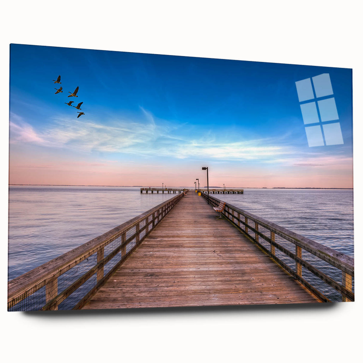 Large abstract depiction of Chesapeake Bay in muted blue and green tones on acrylic glass.