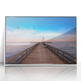 Art deco poster of Chesapeake Bay in muted blue and white tones on framed acrylic, suitable for modern nursery wall art.