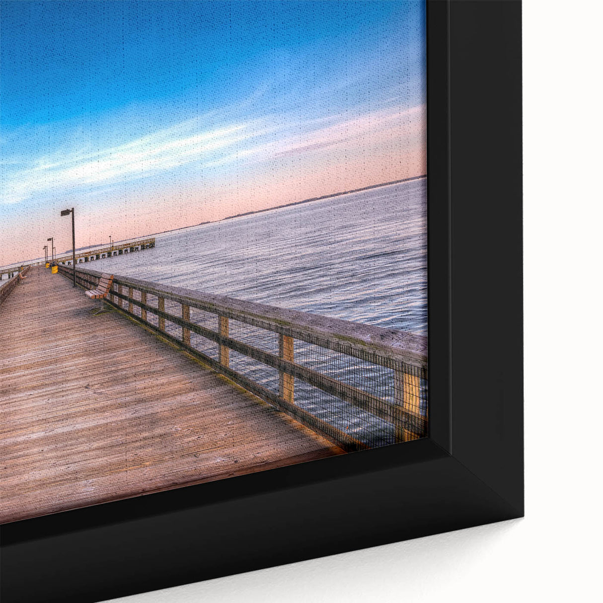 Black wall art depicting textured Chesapeake Bay scenery in vibrant colors on a large framed canvas.