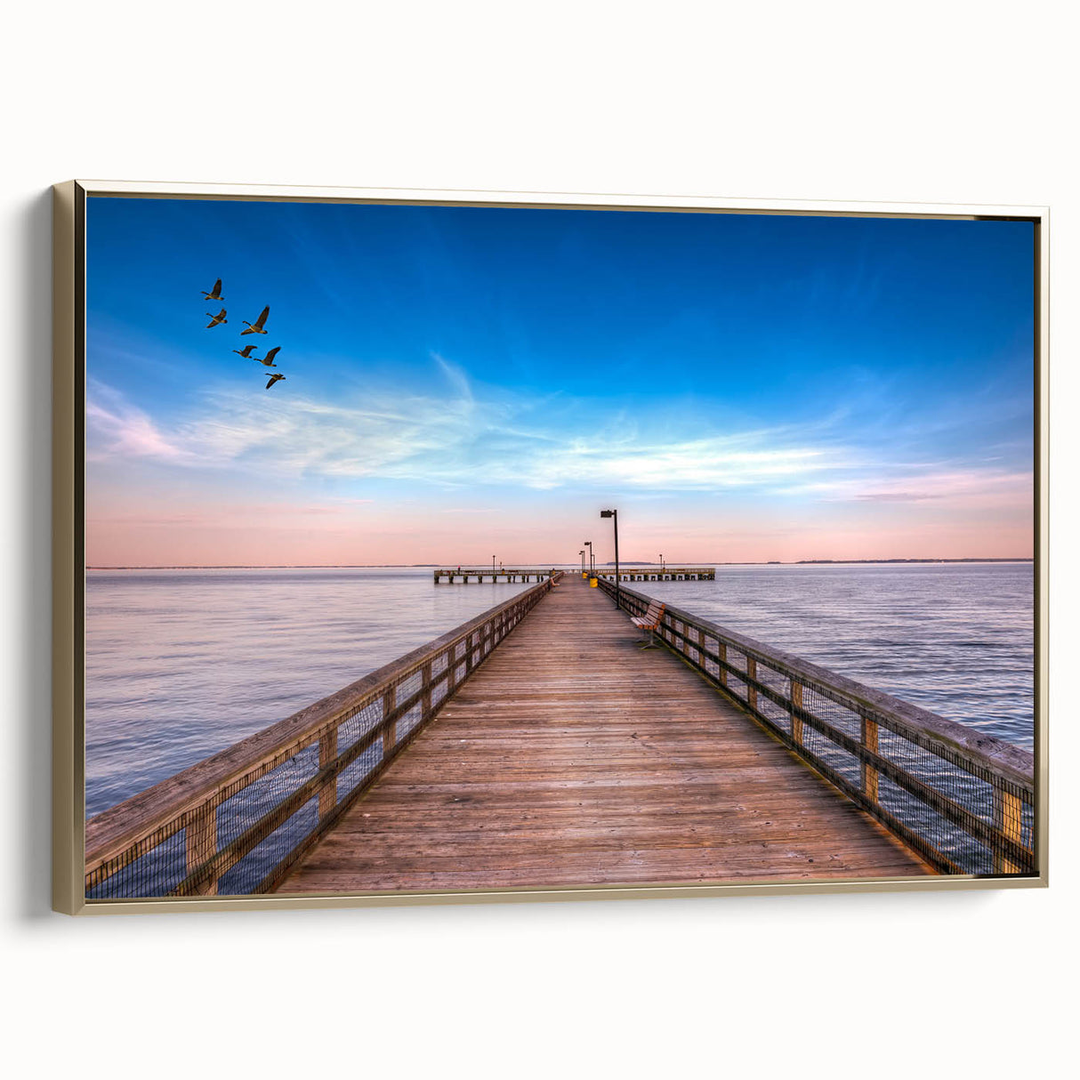 Framed canvas featuring a vintage-style landscape painting of Chesapeake Bay, with muted gold and black tones.
