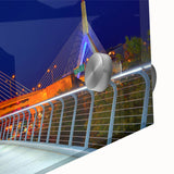 Large abstract wall art of Boston skyline in muted blue tones on acrylic glass, suitable for dining room ambiance.