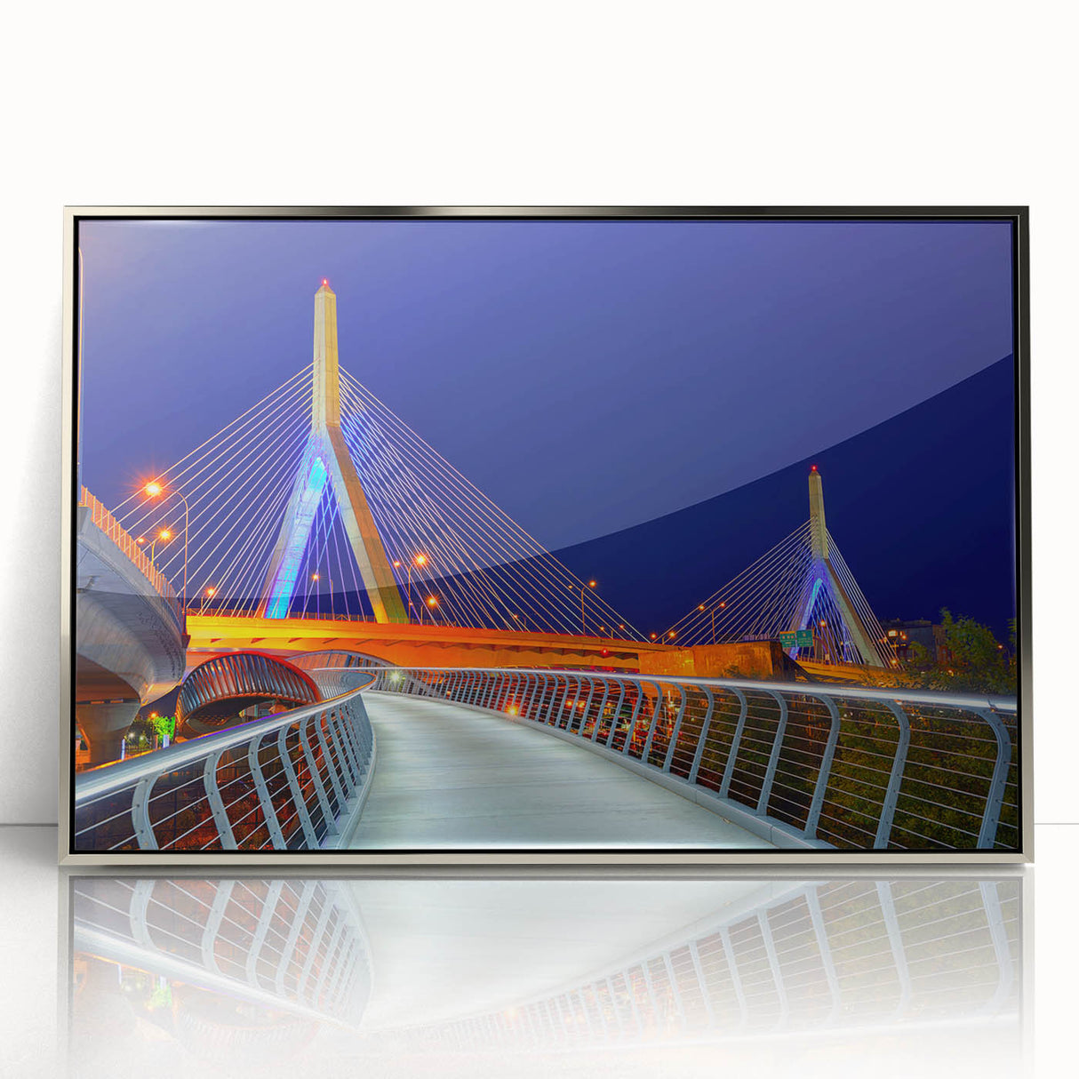 Mid-century modernist art depicting Boston skyline in muted gray tones on a silver-framed acrylic print.