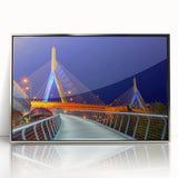 Mid-century modernist art depicting Boston skyline in muted gray tones on a silver-framed acrylic print.