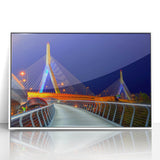 Art deco poster of Boston skyline in muted blue tones on a white framed acrylic, ideal for modern nursery wall art.