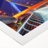 Art deco poster of Boston skyline in muted blue and gray tones on rolled canvas, ideal for dining room wall art.