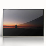 Mid-century modernist art depicting Nantucket scenery in muted blue and white tones, acrylic print in silver frame.