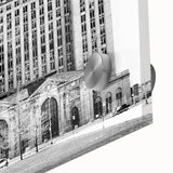 Large abstract wall art of Detroit skyline in muted gray and blue tones on acrylic glass, ideal for dining room art.