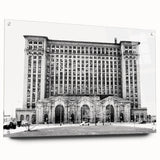 Acrylic print of a large abstract Detroit skyline in muted shades of blue and gray.