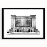 Colorful abstract art print of Detroit skyline in vibrant hues on a large framed canvas, ideal for living room decor.