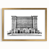 Extra large abstract art print of Detroit skyline in textured gold frame, ideal for living room decor.