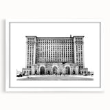 Abstract art print of Detroit skyline in muted gray and blue tones on a framed white mat.