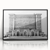 Large abstract wall art depicting Detroit skyline in muted gray and blue tones, framed acrylic.