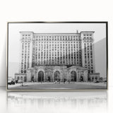 Framed acrylic print of a mid-century modernist Detroit skyline in muted metallic tones, suitable for modern art wall decor.