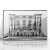 Art deco style poster of Detroit skyline in muted gray and blue tones, acrylic framed, ideal for modern art wall decor.