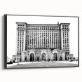Black and white framed canvas of Detroit landscape, with vintage poster style, ideal for bedroom wall art.