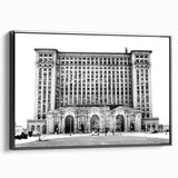 Black and white framed canvas of Detroit landscape, with vintage poster style, ideal for bedroom wall art.