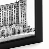 Black wall art featuring a textured, colorful depiction of the Detroit skyline on a large framed canvas.