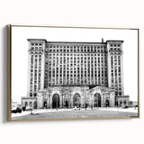 Framed canvas depicting a vintage-style Detroit landscape in black and gold tones, ideal for bedroom decor.