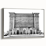 Framed canvas featuring a colorful vintage-style landscape of Detroit, ideal for enhancing a modern living room ambiance.
