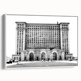 Vintage poster art of Detroit skyline in vibrant colors on a large framed canvas, ideal for living room decor.