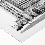 Art deco poster of Detroit skyline in muted gray tones on rolled canvas, suitable for dining room wall art.