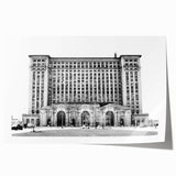 Rolled print of Detroit skyline in muted gray and blue tones, ideal for art wall dining room.