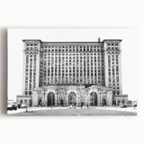 Black and white photo of Detroit skyline on large stretched canvas, suitable as kitchen wall art.