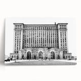 Black and white photo of Detroit skyline on stretched canvas, ideal for kitchen wall art or bedroom decor.