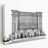 Large canvas print of Detroit skyline in muted gray and blue tones, ideal for kitchen wall art.