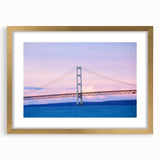 Extra large abstract art print of Michigan's Upper Peninsula in textured hues of green and blue, framed in gold.