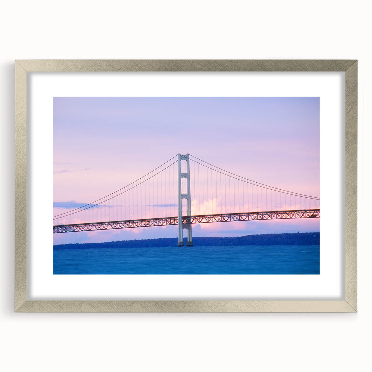 Textured abstract art print of Michigan's Upper Peninsula in muted earth tones, framed with a silver mat.