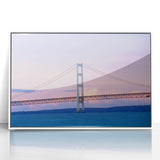 Art deco poster of Michigan’s Upper Peninsula in muted earth tones, framed in white acrylic.