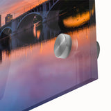 Acrylic print of a large abstract depiction of Minneapolis with mid-century modernist influences in cool blue tones.