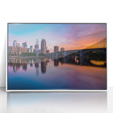 Acrylic print of Minneapolis skyline in art deco style with pastel shades, ideal for modern nursery wall art.